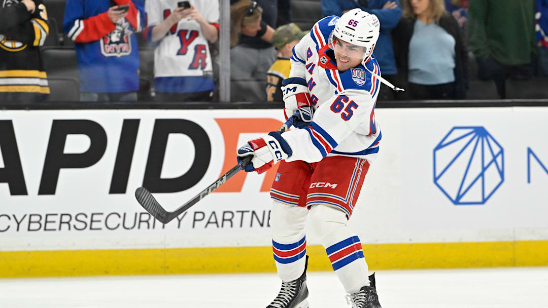 Oct 4, 2025; Boston, Massachusetts, USA; New York Rangers left wing Brett Berard (65) warms up before a game against the Boston Bruins at TD Garden. Mandatory Credit: Eric Canha-Imagn Images