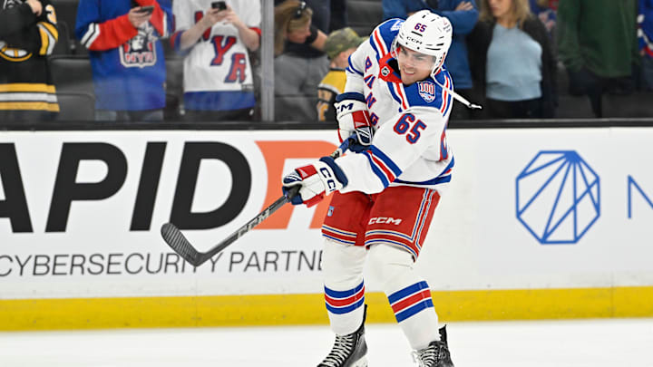 Oct 4, 2025; Boston, Massachusetts, USA; New York Rangers left wing Brett Berard (65) warms up before a game against the Boston Bruins at TD Garden. Mandatory Credit: Eric Canha-Imagn Images