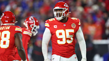 Jan 26, 2025; Kansas City, MO, USA;Kansas City Chiefs defensive tackle Chris Jones (95) reacts after a play against the Buffalo Bills during the first quarter in the AFC Championship game at GEHA Field at Arrowhead Stadium. Mandatory Credit: Mark J. Rebilas-Imagn Images