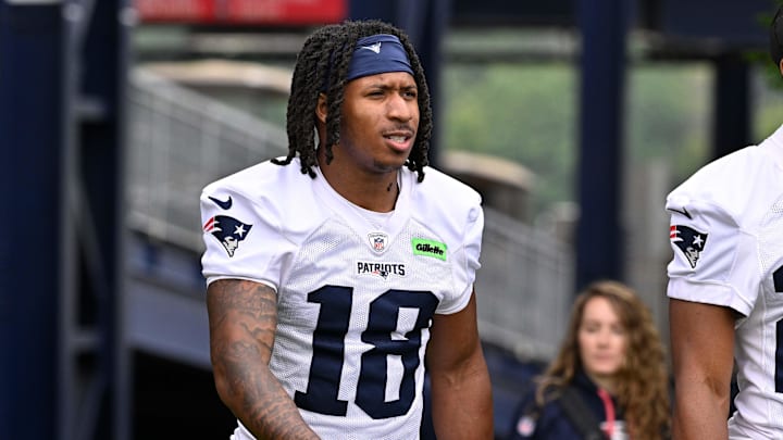 Jun 9, 2025; Foxborough, MA, USA; New England Patriots wide receiver Kyle Williams (18) walks to the practice fields at Gillette Stadium. Mandatory Credit: Eric Canha-Imagn Images Jun 9, 2025; Foxborough, MA, USA; New England Patriots wide receiver Kyle Williams (18) walks to the practice fields at Gillette Stadium. Mandatory Credit: Eric Canha-Imagn Images