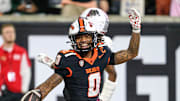 Oct 18, 2025; Corvallis, Oregon, USA; Oregon State Beavers running back Anthony Hankerson (0) celebrates his third touchdown run against the Lafayette Leopards during the fourth quarter at Reser Stadium. Mandatory Credit: Craig Strobeck-Imagn Images