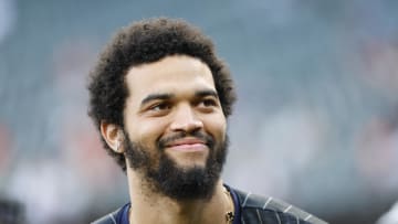 May 23, 2024; Chicago, Illinois, USA; Chicago Bears quarterback Caleb Williams attends a game between the Chicago White Sox and Baltimore Orioles at Guaranteed Rate Field. Mandatory Credit: Kamil Krzaczynski-USA TODAY Sports