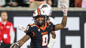 Oct 18, 2025; Corvallis, Oregon, USA; Oregon State Beavers running back Anthony Hankerson (0) celebrates his third touchdown run against the Lafayette Leopards during the fourth quarter at Reser Stadium. Mandatory Credit: Craig Strobeck-Imagn Images