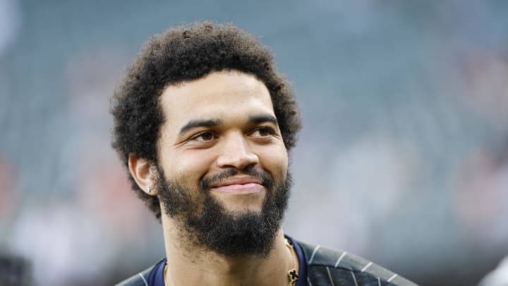 May 23, 2024; Chicago, Illinois, USA; Chicago Bears quarterback Caleb Williams attends a game between the Chicago White Sox and Baltimore Orioles at Guaranteed Rate Field. Mandatory Credit: Kamil Krzaczynski-USA TODAY Sports