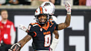 Oct 18, 2025; Corvallis, Oregon, USA; Oregon State Beavers running back Anthony Hankerson (0) celebrates his third touchdown run against the Lafayette Leopards during the fourth quarter at Reser Stadium. Mandatory Credit: Craig Strobeck-Imagn Images