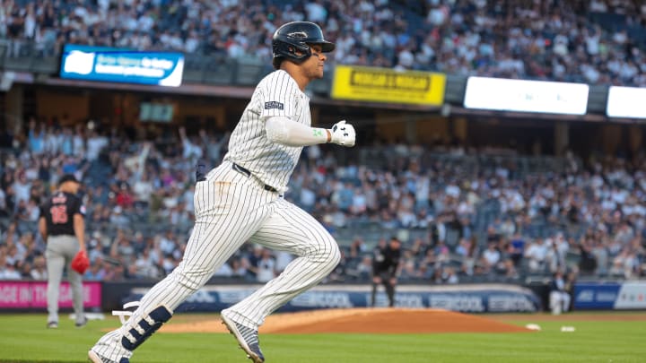 Aug 20, 2024; Bronx, New York, USA; New York Yankees right fielder Juan Soto (22) runs the bases after hitting a solo home run during the first inning against the Cleveland Guardians at Yankee Stadium. Mandatory Credit: Vincent Carchietta-USA TODAY Sports