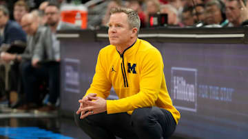 Michigan Wolverines head coach Dusty May watches during the second half of the 2025 TIAA Big Ten Men’s Basketball Tournament final game against the Wisconsin Badgers on Sunday, March 16, 2025, at Gainbridge Fieldhouse in Indianapolis. Michigan defeated Wisconsin 59-53.