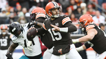 Dec 10, 2023; Cleveland, Ohio, USA; Cleveland Browns quarterback Joe Flacco (15) throws a pass