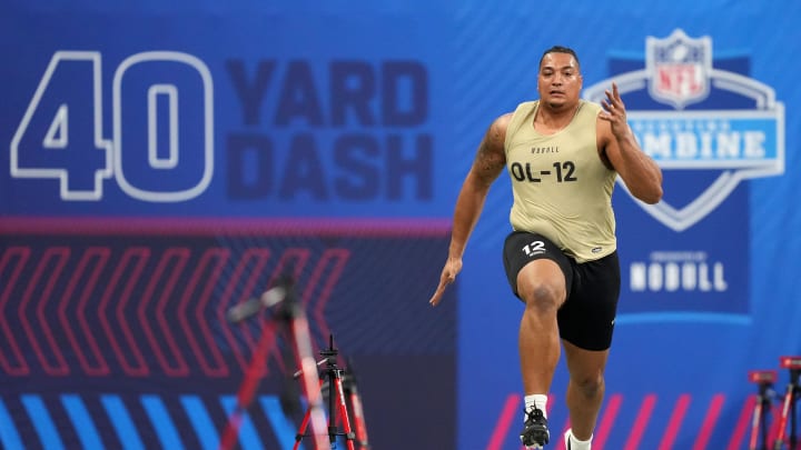 Mar 3, 2024; Indianapolis, IN, USA; Texas Christian offensive lineman Brandon Coleman (OL12) during the 2024 NFL Combine at Lucas Oil Stadium. Mandatory Credit: Kirby Lee-USA TODAY Sports