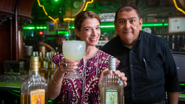 Pati Jinich and Bartender with cocktail