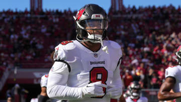 Nov 19, 2023; Santa Clara, California, USA; Tampa Bay Buccaneers linebacker SirVocea Dennis (8) before the game against the San Francisco 49ers at Levi's Stadium. Mandatory Credit: Darren Yamashita-USA TODAY Sports