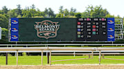 Jun 2, 2025; Saratoga, NY, USA; A general view of the Belmont Stakes signage at Saratoga Race Course. Mandatory Credit: Gregory Fisher-Imagn Images
