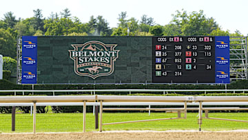 Jun 2, 2025; Saratoga, NY, USA; A general view of the Belmont Stakes signage at Saratoga Race Course. Mandatory Credit: Gregory Fisher-Imagn Images