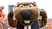 Sep 14, 2024; Corvallis, Oregon, USA; Oregon State Beavers mascot Benny flexes during the second half against the Oregon Ducks at Reser Stadium. Mandatory Credit: Craig Strobeck-Imagn Images