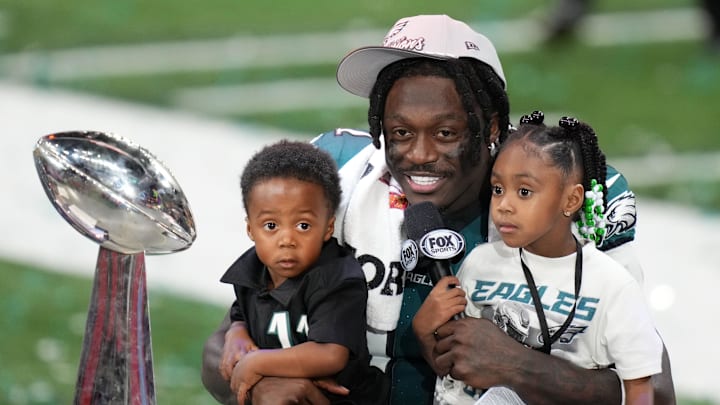 Feb 9, 2025; New Orleans, LA, USA; Philadelphia Eagles wide receiver A.J. Brown (11) talks to the media after defeating the Kansas City Chiefs in Super Bowl LIX at Caesars Superdome. Mandatory Credit: Kirby Lee-Imagn Images