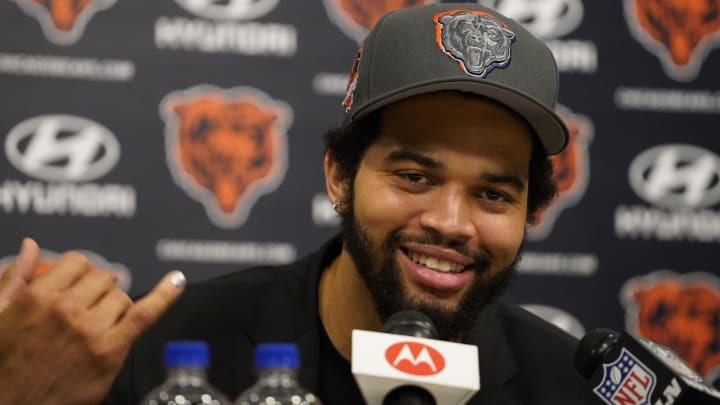 Apr 26, 2024; Lake Forest, IL, USA; Chicago Bears number one draft choice Caleb Williams  at a press conference at Halas Hall. Mandatory Credit: David Banks-USA TODAY Sports