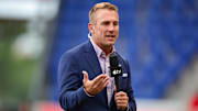 Jun 29, 2024; Harrison, New Jersey, USA; Apple TV commentator Taylor Twellman reports from the pitch before the match between the New York Red Bulls and D.C. United at Red Bull Arena. 