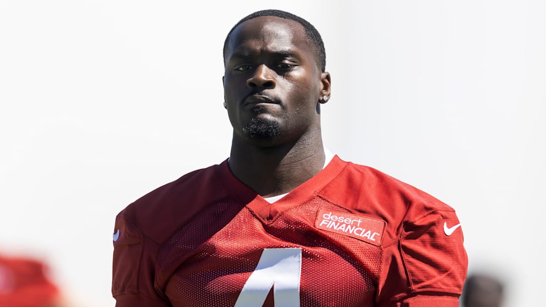 May 8, 2026; Tempe, AZ, USA; Arizona Cardinals running back Jeremiyah Love (4) during rookie minicamp at Dignity Health Arizona Cardinals Training Center. Mandatory Credit: Mark J. Rebilas-Imagn Images