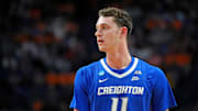 Mar 22, 2025; Lexington, KY, USA;  Creighton Bluejays center Ryan Kalkbrenner (11) looks on during the first half against the Auburn Tigers in the second round to the NCAA Tournament at Rupp Arena. Mandatory Credit: Aaron Doster-Imagn Images