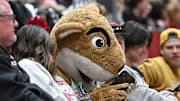 Jan 25, 2025; Pullman, Washington, USA; Washington State Cougars mascot Butch plays with a cell phone during a game against the St. Mary's Gaels in the second half at Friel Court at Beasley Coliseum. St. Mary's Gaels won 80-75. Mandatory Credit: James Snook-Imagn Images