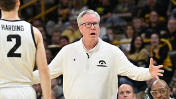 Feb 27, 2024; Iowa City, Iowa, USA; Iowa Hawkeyes head coach Fran McCaffery reacts during the first half against the Penn State Nittany Lions at Carver-Hawkeye Arena. Mandatory Credit: Jeffrey Becker-USA TODAY Sports