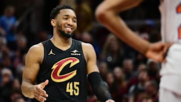 Feb 21, 2025; Cleveland, Ohio, USA;  Cleveland Cavaliers guard Donovan Mitchell (45) reacts during the second half against the New York Knicks at Rocket Arena. Mandatory Credit: Ken Blaze-Imagn Images