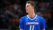 Mar 22, 2025; Lexington, KY, USA;  Creighton Bluejays center Ryan Kalkbrenner (11) looks on during the first half against the Auburn Tigers in the second round to the NCAA Tournament at Rupp Arena.