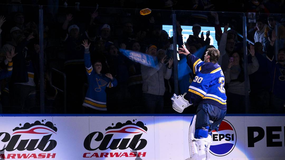 Dec 17, 2025; St. Louis, Missouri, USA; St. Louis Blues goaltender Joel Hofer (30) salutes the fans after he was named first star of the game in a victory over the Winnipeg Jets at Enterprise Center. Mandatory Credit: Jeff Curry-Imagn Images