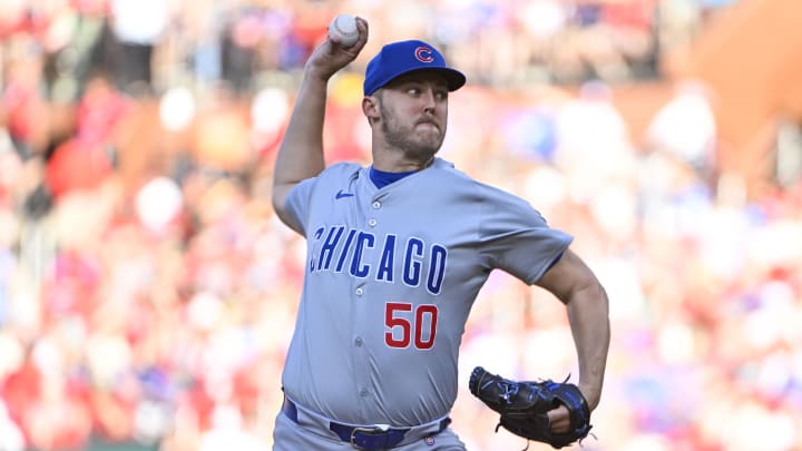 May 25, 2024; St. Louis, Missouri, USA;  Chicago Cubs starting pitcher Jameson Taillon (50) pitches against the St. Louis Cardinals during the first inning at Busch Stadium.