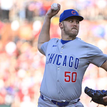 May 25, 2024; St. Louis, Missouri, USA;  Chicago Cubs starting pitcher Jameson Taillon (50) pitches against the St. Louis Cardinals during the first inning at Busch Stadium.