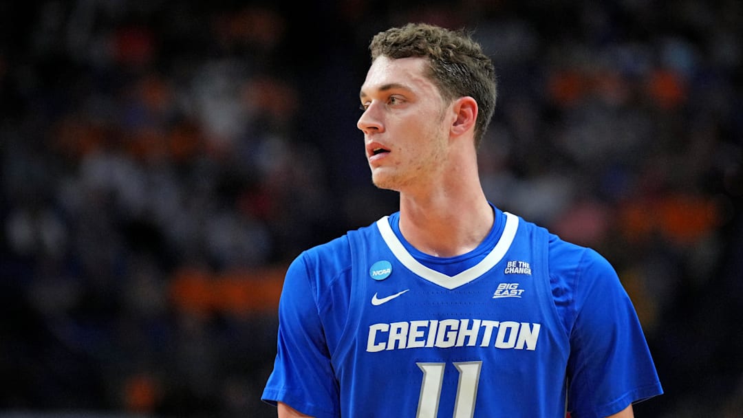 Mar 22, 2025; Lexington, KY, USA;  Creighton Bluejays center Ryan Kalkbrenner (11) looks on during the first half against the Auburn Tigers in the second round to the NCAA Tournament at Rupp Arena. Mandatory Credit: Aaron Doster-Imagn Images