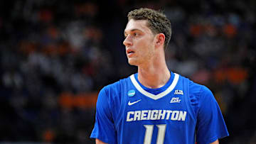 Mar 22, 2025; Lexington, KY, USA;  Creighton Bluejays center Ryan Kalkbrenner (11) looks on during the first half against the Auburn Tigers in the second round to the NCAA Tournament at Rupp Arena. Mandatory Credit: Aaron Doster-Imagn Images