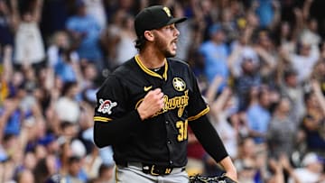 Aug 12, 2025; Milwaukee, Wisconsin, USA; Pittsburgh Pirates starting pitcher Paul Skenes (30) reacts after giving up a solo home run to Milwaukee Brewers second baseman Brice Turang (not pictured) in the fourth inning at American Family Field. Mandatory Credit: Benny Sieu-Imagn Images