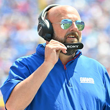 Aug 9, 2025; Orchard Park, New York, USA; New York Giants head coach Brian Daboll on the sidelines in the second quarter game against the Buffalo Bills at Highmark Stadium.  