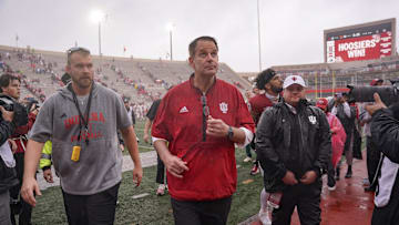 Sep 28, 2024; Bloomington, Indiana, USA;  Indiana Hoosiers head coach Curt Cignetti after a game against the Maryland Terrapins at Memorial Stadium. Mandatory Credit: Robert Goddin-Imagn Images