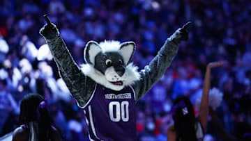 Willie the Wildcat, the Northwestern mascot, the UCLA Bruins, and the Northwestern Wildcats  Mandatory Credit: Kelley L Cox-Imagn Images