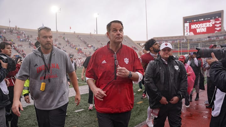 Sep 28, 2024; Bloomington, Indiana, USA;  Indiana Hoosiers head coach Curt Cignetti after a game against the Maryland Terrapins at Memorial Stadium. Mandatory Credit: Robert Goddin-Imagn Images