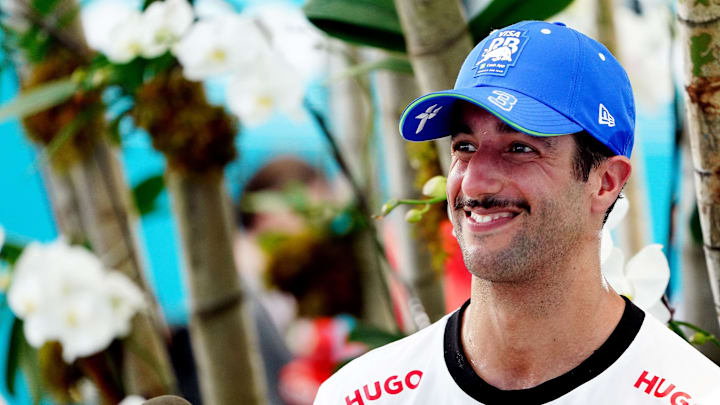 May 4, 2024; Miami Gardens, Florida, USA; RB driver Daniel Ricciardo (3) after the F1 Sprint Race at Miami International Autodrome. Mandatory Credit: John David Mercer-Imagn Images