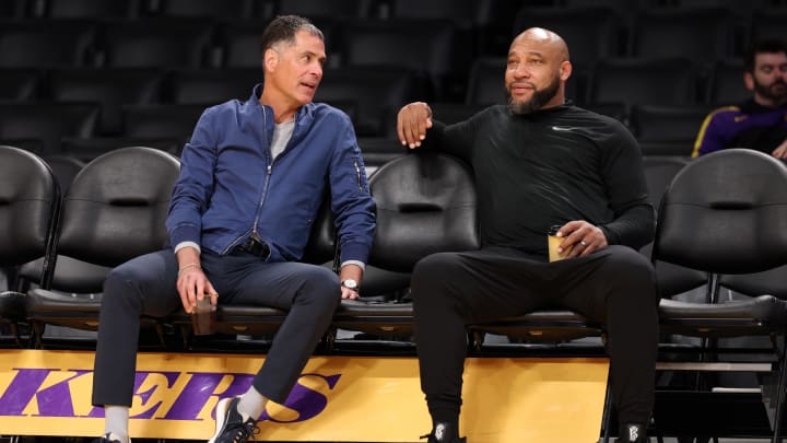 Mar 22, 2024; Los Angeles, California, USA: Los Angeles Lakers general manager Rob Pelinka and former head coach Darvin Ham.