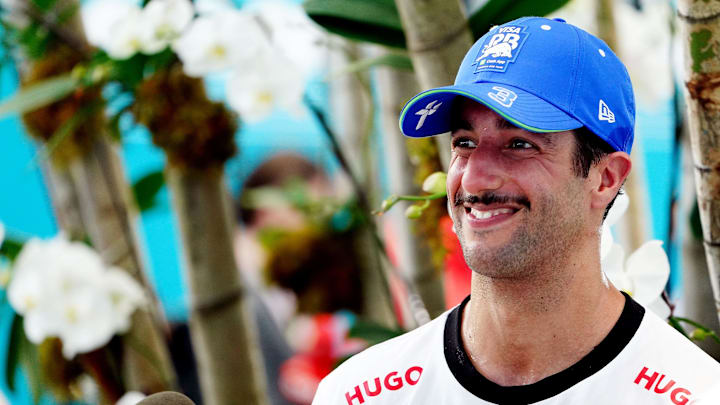 May 4, 2024; Miami Gardens, Florida, USA; RB driver Daniel Ricciardo (3) after the F1 Sprint Race at Miami International Autodrome. Mandatory Credit: John David Mercer-Imagn Images