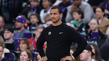 Mar 21, 2025; Salt Lake City, Utah, USA; Boston Celtics head coach Joe Mazzulla looks on during the first half of a game against the Utah Jazz at Delta Center. Mandatory Credit: Rob Gray-Imagn Images