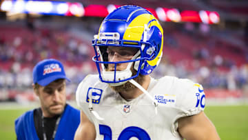 Nov 26, 2023; Glendale, Arizona, USA; Los Angeles Rams wide receiver Cooper Kupp (10) against the Arizona Cardinals at State Farm Stadium. Mandatory Credit: Mark J. Rebilas-Imagn Images