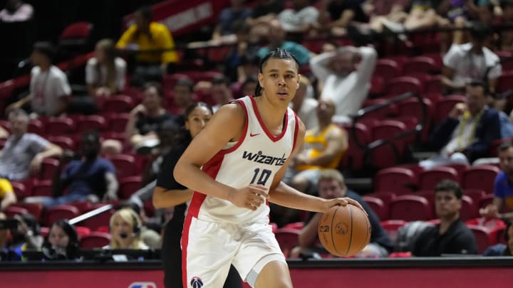 Jul 12, 2024; Las Vegas, NV, USA;  Washington Wizards forward Kyshawn George (18) drives the ball against the Atlanta Hawks during the second half at Thomas & Mack Center. Mandatory Credit: Lucas Peltier-USA TODAY Sports