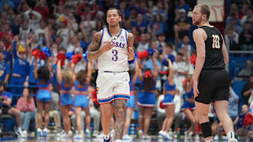 Kansas Jayhawks guard Tre White (3) reacts after sinking a three during the second half of the exhibition game against Fort Hays State Tigers inside Allen Fieldhouse on Tuesday, October, 28, 2025.