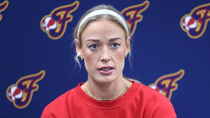 Portland, Oregon, USA;  Indiana Fever guard Sophie Cunningham (8) speaks at a press conference before a game against the Portland Fire at Moda Center on July 31, 2026.