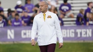 Sep 23, 2023; Evanston, Illinois, USA; Minnesota Golden Gophers head coach PJ Fleck on the field before the game against the Northwestern Wildcats at Ryan Field. Mandatory Credit: David Banks-Imagn Images