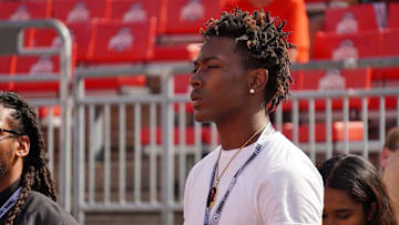 Sept. 21, 2024; Columbus, Ohio, USA; Warren G. Harding athlete Chaz Coleman watches warm-ups before Ohio State's game against the Marshall University Thundering Herd at Ohio Stadium.