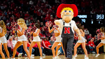 Dec 10, 2023; Lincoln, Nebraska, USA; Herbie Husker walks on the court during the second half between the Nebraska Cornhuskers and the Michigan State Spartans at Pinnacle Bank Arena. Mandatory Credit: Dylan Widger-Imagn Images