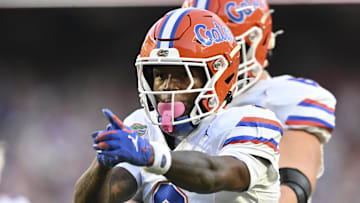 Oct 11, 2025; College Station, Texas, USA; Florida Gators wide receiver Vernell Brown III (8) motions during the first half against the Texas A&M Aggies at Kyle Field. Mandatory Credit: Maria Lysaker-Imagn Images 