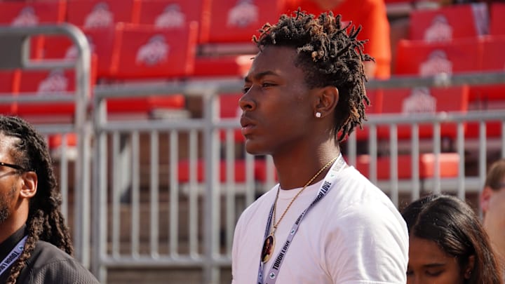 Sept. 21, 2024; Columbus, Ohio, USA; Warren G. Harding athlete Chaz Coleman watches warm-ups before Ohio State's game against the Marshall University Thundering Herd at Ohio Stadium.